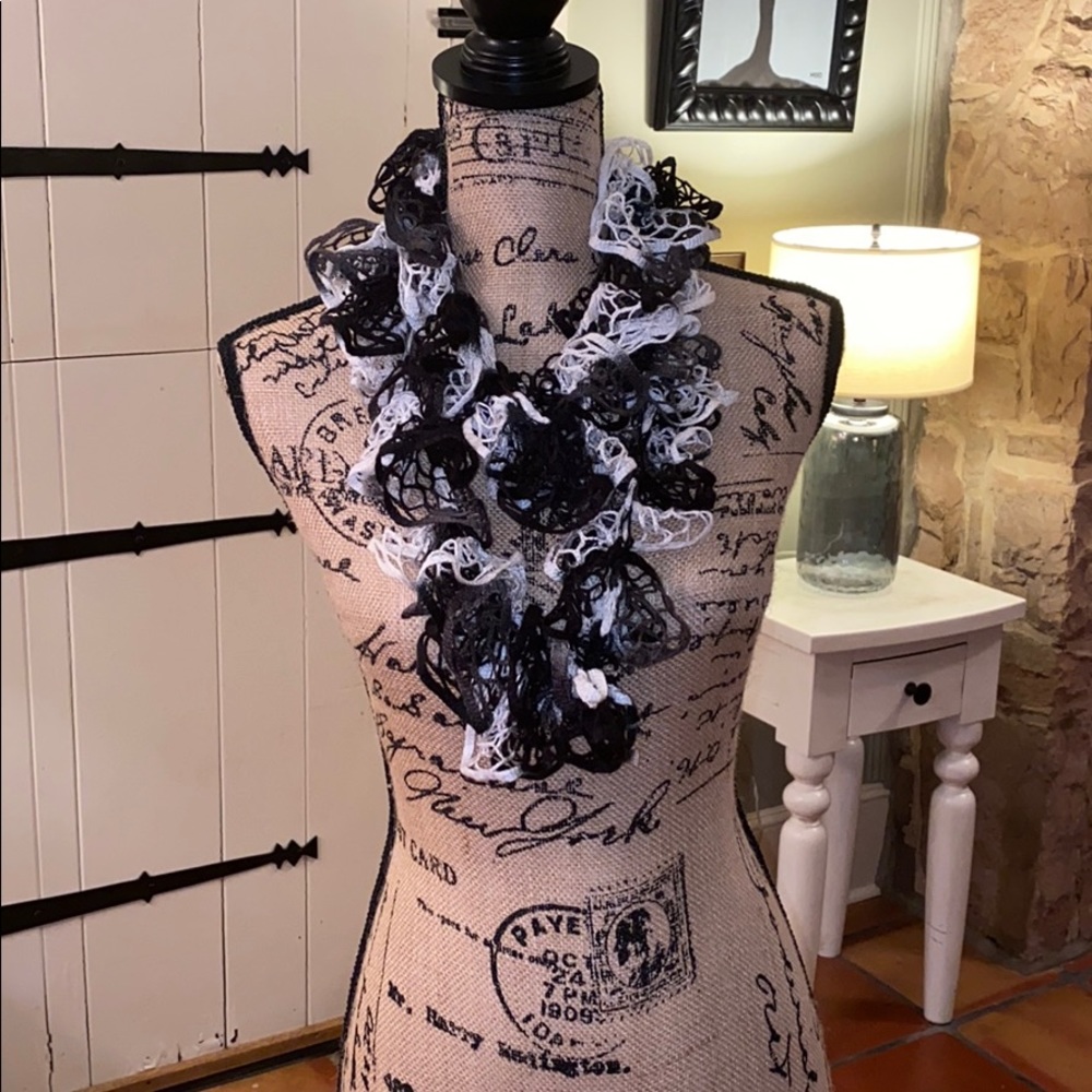 Black and white crocheted infinity scarf